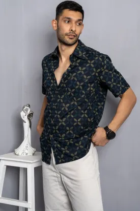 Dark blue leaf print cotton shirt half sleeves