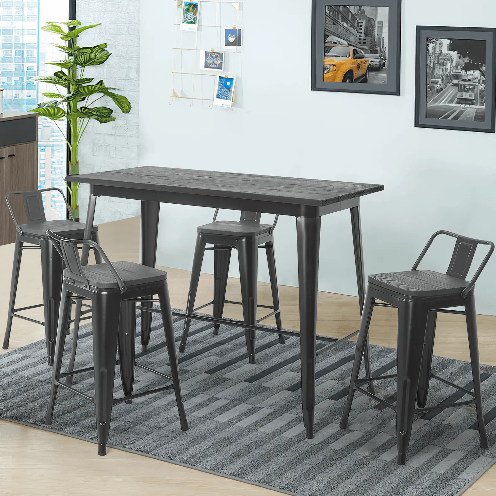 Dining Room Table Set & 4pcs Barstool for Kitchen Patio Bar (Gray)