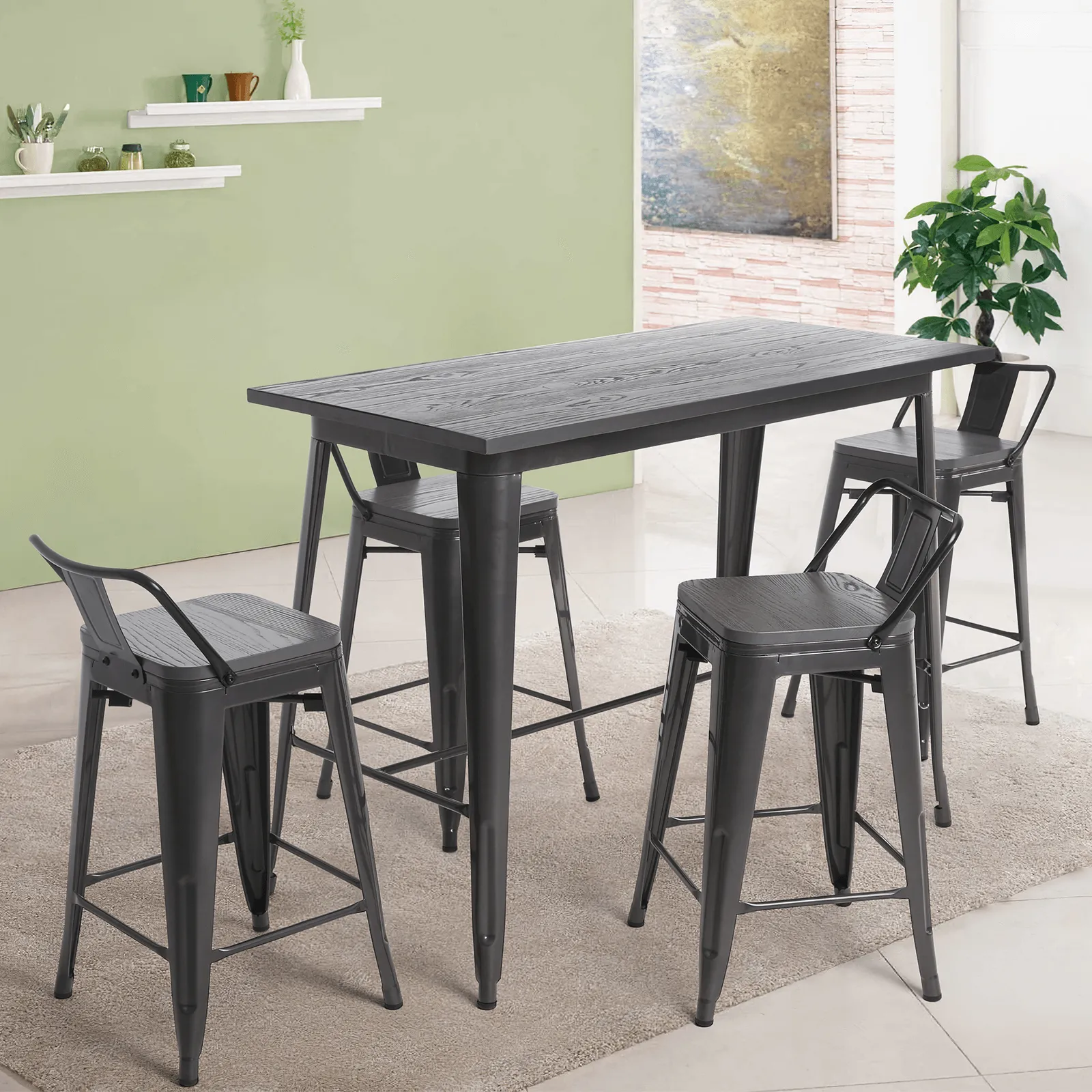 Dining Room Table Set & 4pcs Barstool for Kitchen Patio Bar (Gray)