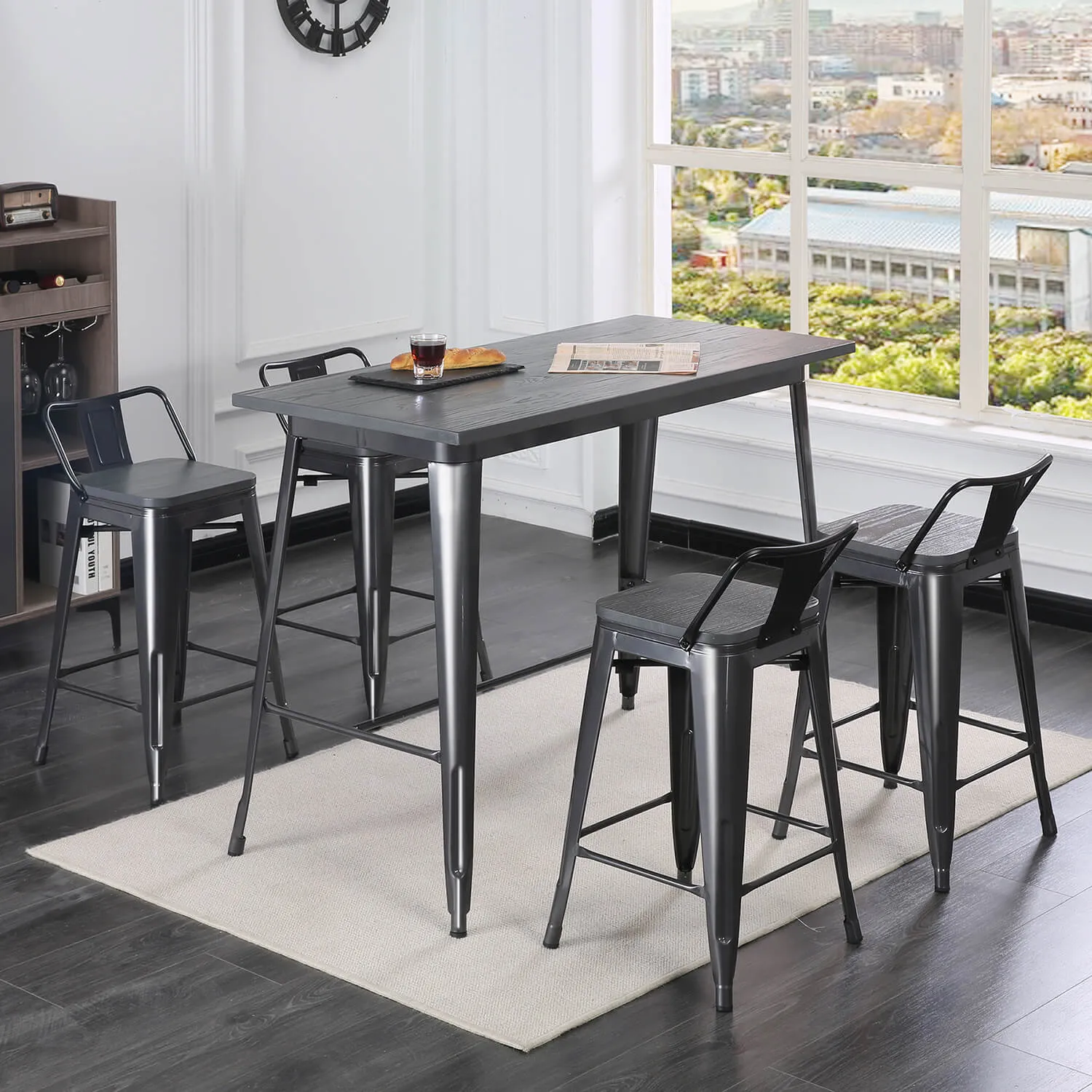 Dining Room Table Set & 4pcs Barstool for Kitchen Patio Bar (Gray)