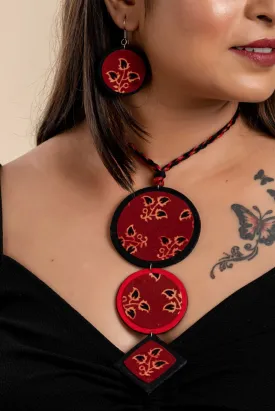 Eco-Friendly Handmade Fabric Jewelry Sets - Handcrafted Red Black Ajrakh Cotton Neckpiece with Earrings