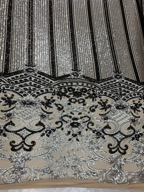 Elegant New Casino Design Embroidered 4 Way Nude Mesh Spandex Stretchy Sequin Fabric