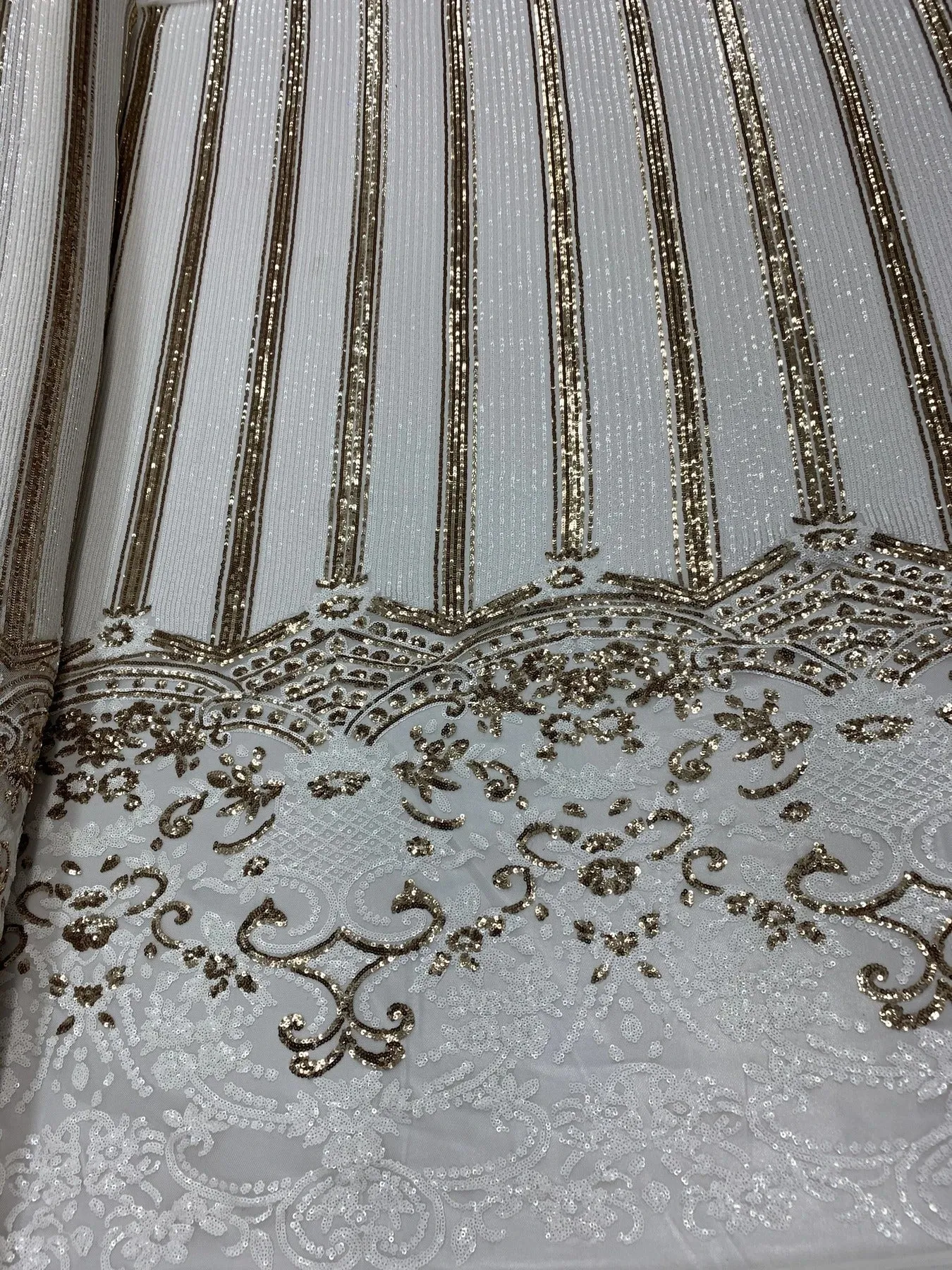 Elegant New Casino Design Embroidered 4 Way Nude Mesh Spandex Stretchy Sequin Fabric