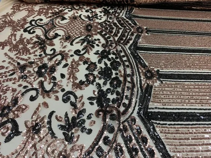 Elegant New Casino Design Embroidered 4 Way Nude Mesh Spandex Stretchy Sequin Fabric