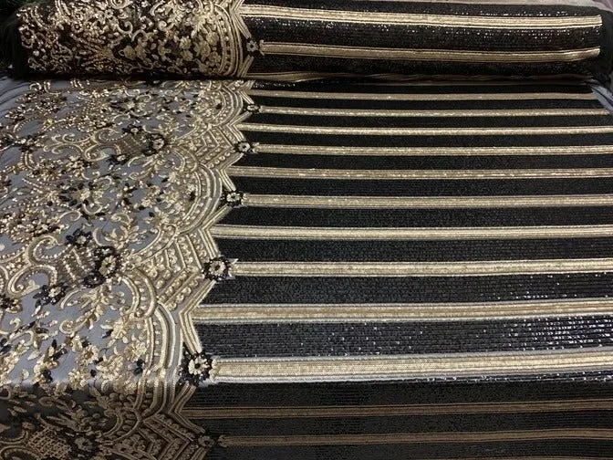 Elegant New Casino Design Embroidered 4 Way Nude Mesh Spandex Stretchy Sequin Fabric