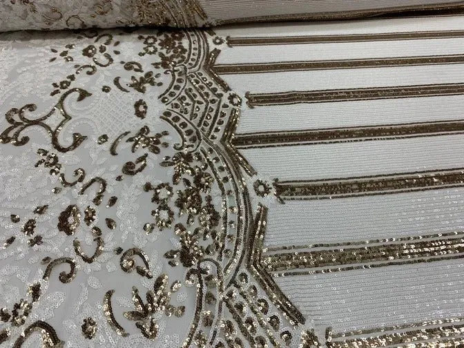 Elegant New Casino Design Embroidered 4 Way Nude Mesh Spandex Stretchy Sequin Fabric