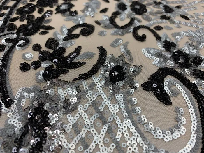 Elegant New Casino Design Embroidered 4 Way Nude Mesh Spandex Stretchy Sequin Fabric