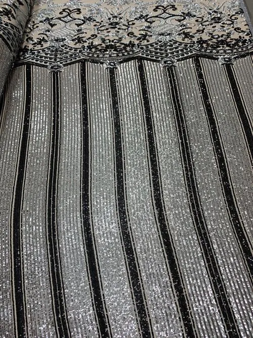 Elegant New Casino Design Embroidered 4 Way Nude Mesh Spandex Stretchy Sequin Fabric