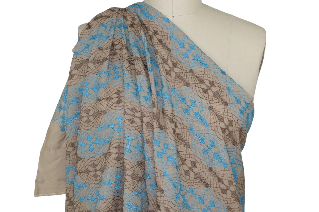 Embroidered Cotton Lawn - Caribbean Blue/Brown on Deep Tan