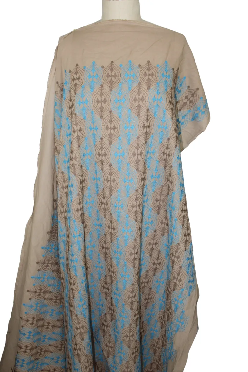 Embroidered Cotton Lawn - Caribbean Blue/Brown on Deep Tan