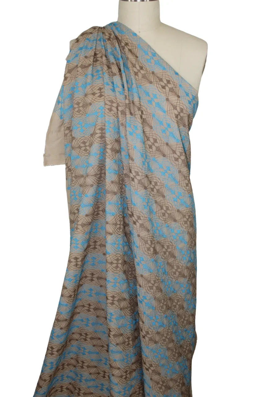 Embroidered Cotton Lawn - Caribbean Blue/Brown on Deep Tan