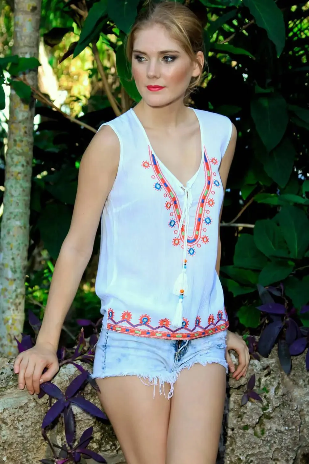 Embroidered Top with Cross Lace and Tassels