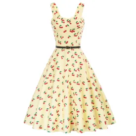 Fruit Printed Sweetheart Neck Flared 1950s Sleeveless A-Line Dress with Belt