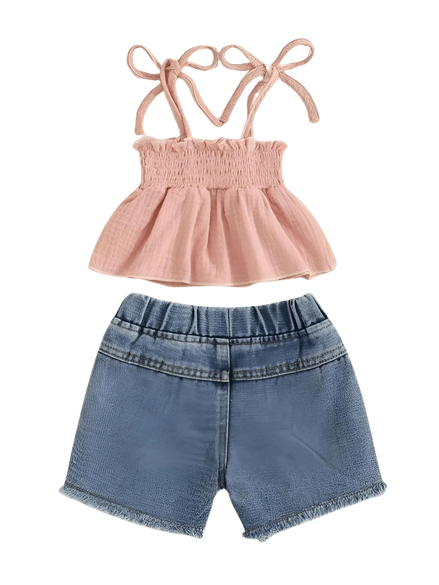 Girl's Tie-up Pleated Camisole with Ripped Denim Shorts Summer 2-Piece Outfit 2-5T