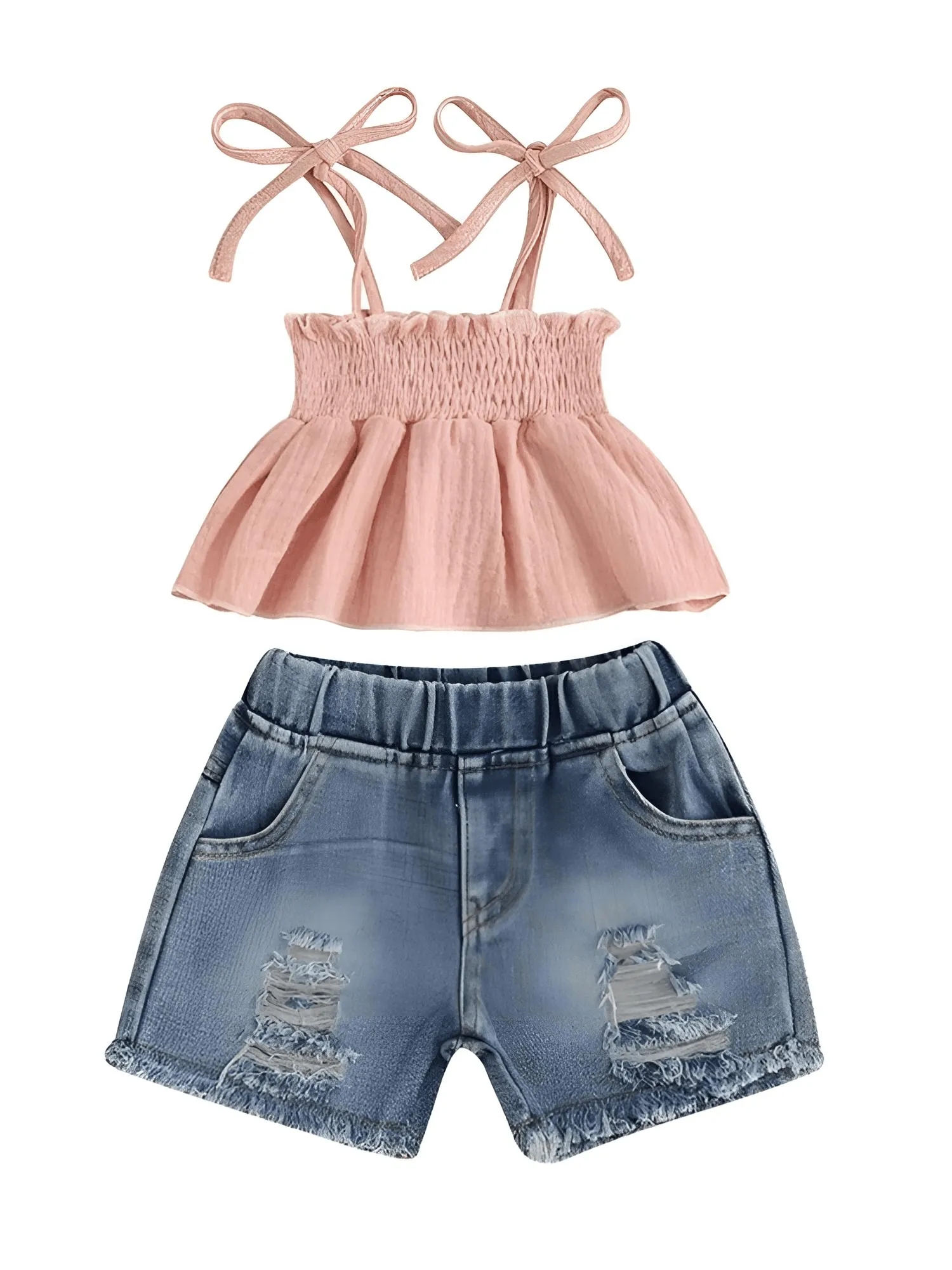 Girl's Tie-up Pleated Camisole with Ripped Denim Shorts Summer 2-Piece Outfit 2-5T