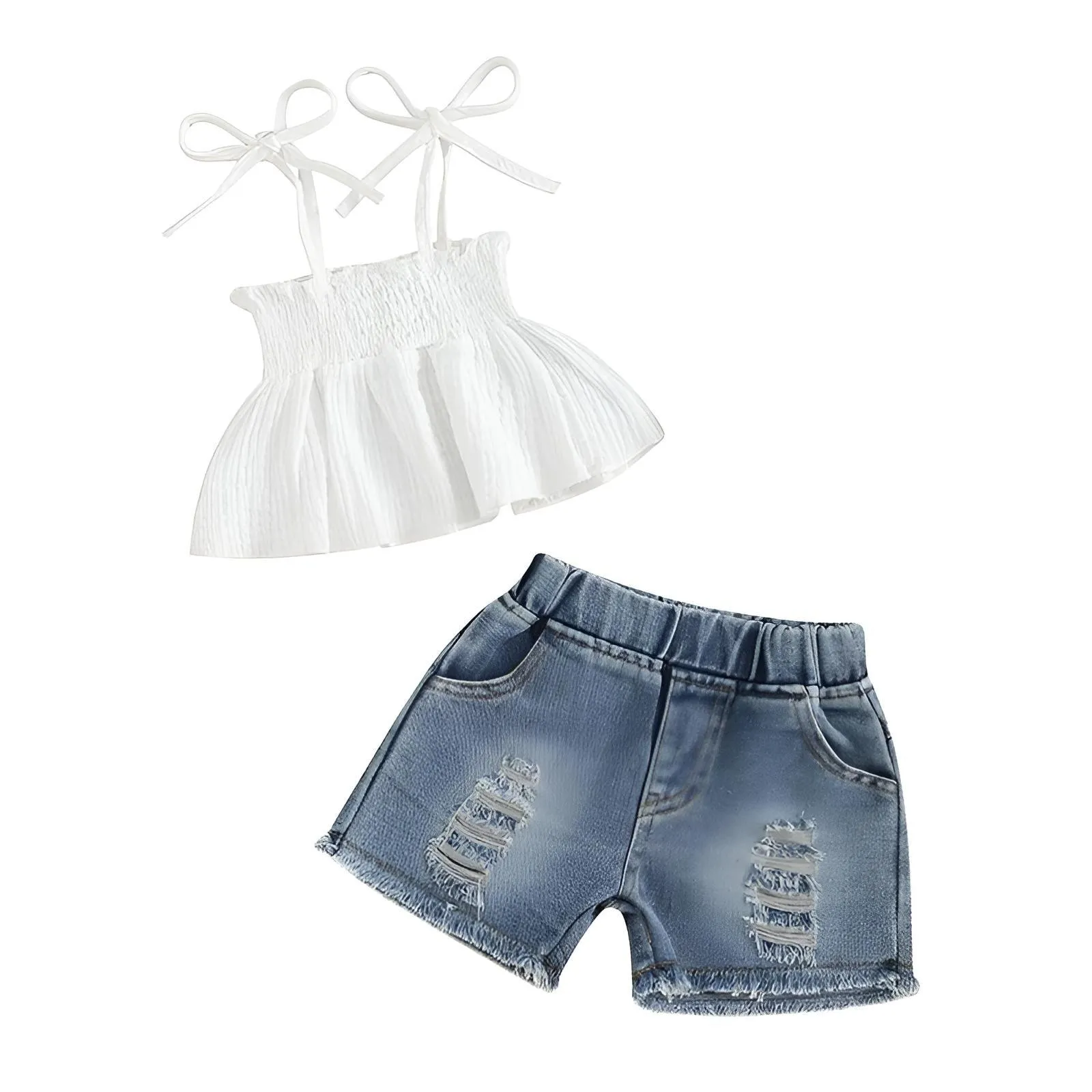 Girl's Tie-up Pleated Camisole with Ripped Denim Shorts Summer 2-Piece Outfit 2-5T