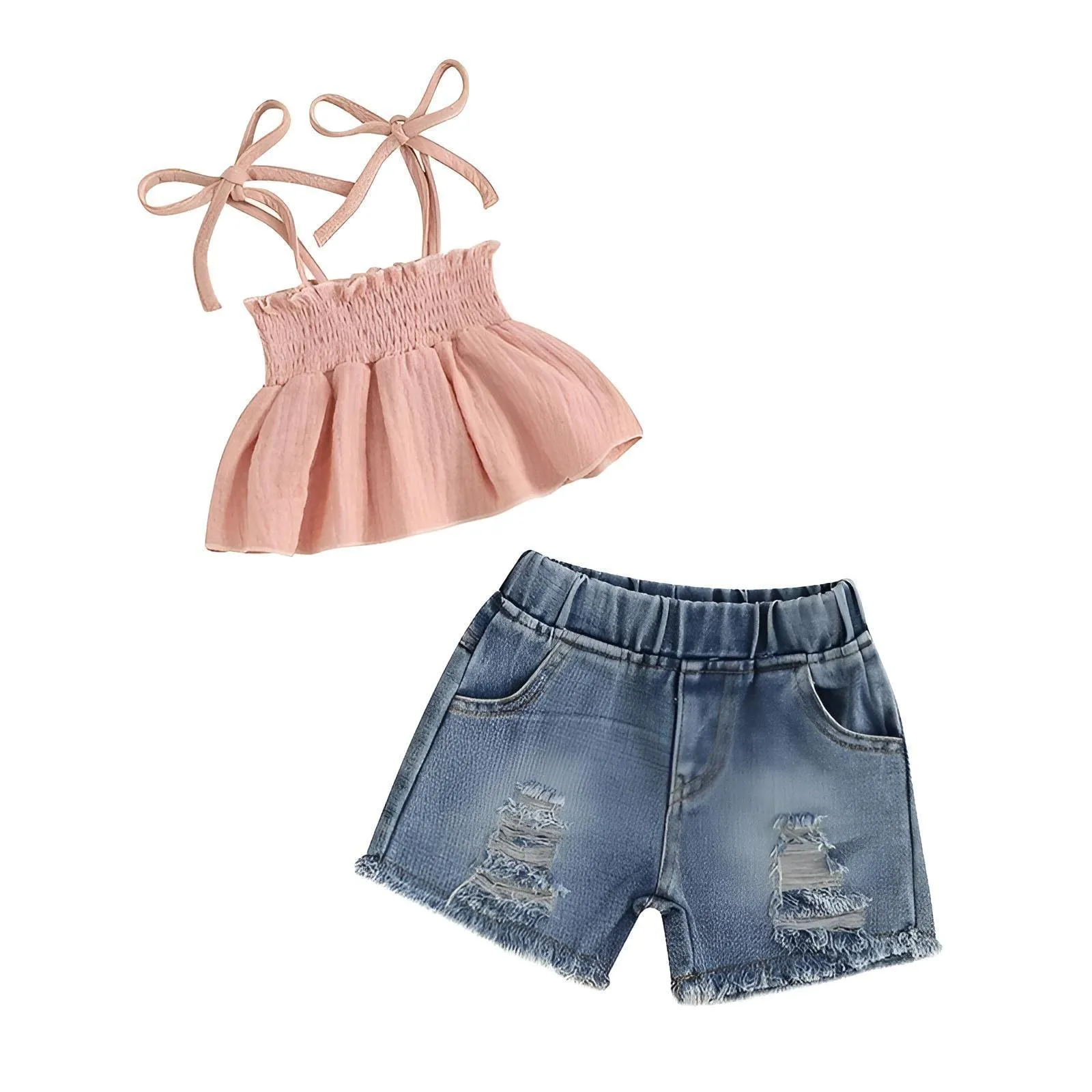 Girl's Tie-up Pleated Camisole with Ripped Denim Shorts Summer 2-Piece Outfit 2-5T