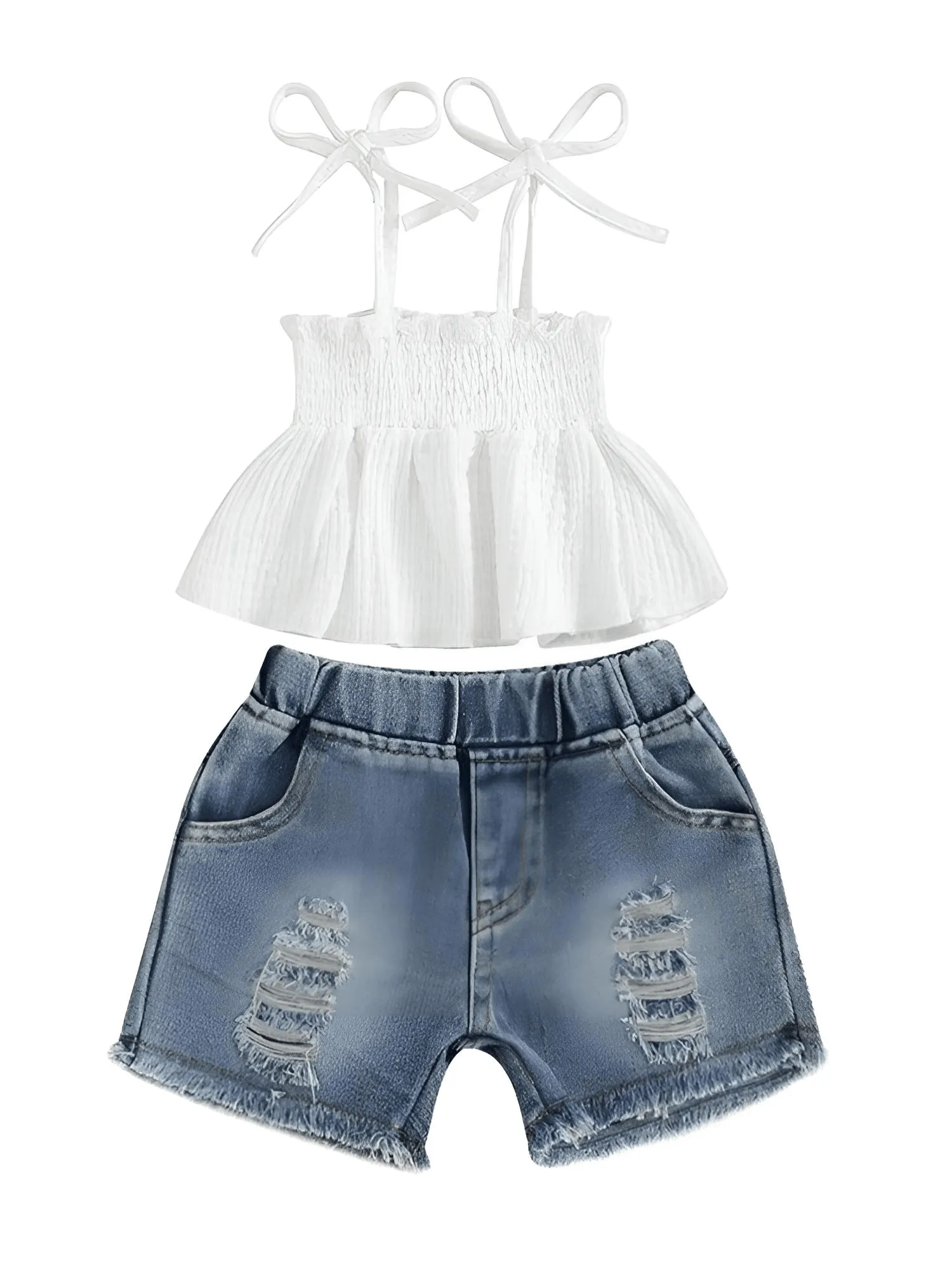 Girl's Tie-up Pleated Camisole with Ripped Denim Shorts Summer 2-Piece Outfit 2-5T