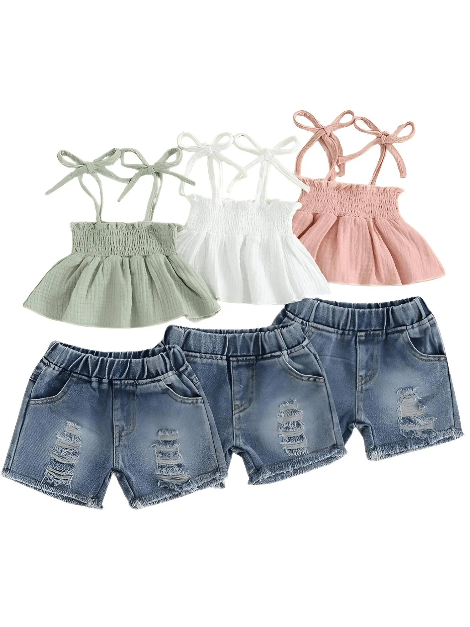 Girl's Tie-up Pleated Camisole with Ripped Denim Shorts Summer 2-Piece Outfit 2-5T