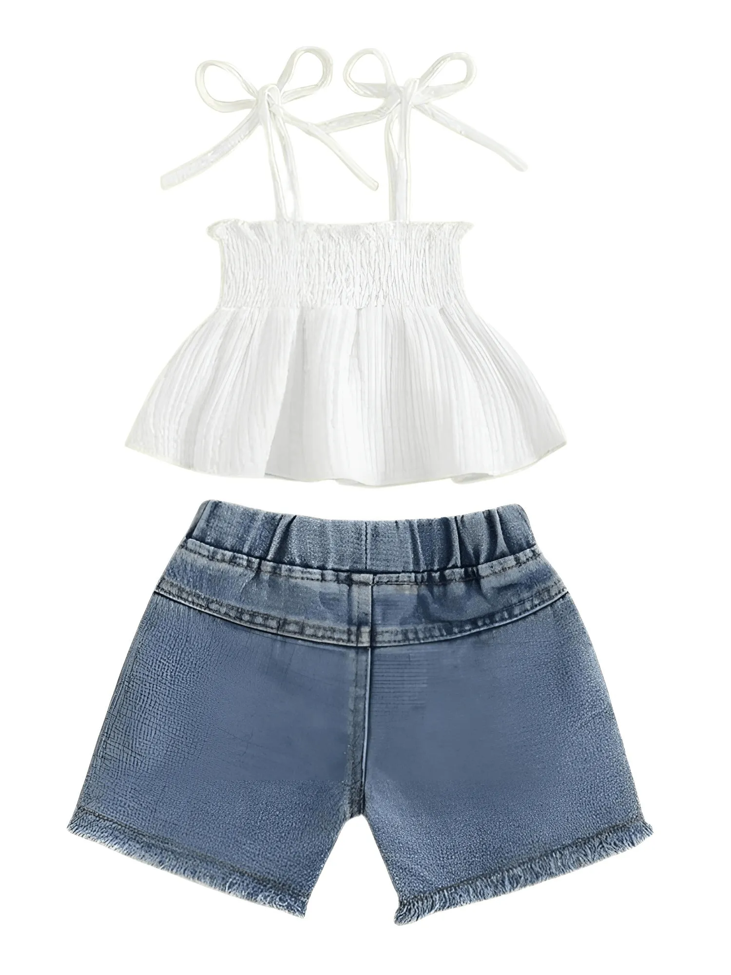 Girl's Tie-up Pleated Camisole with Ripped Denim Shorts Summer 2-Piece Outfit 2-5T