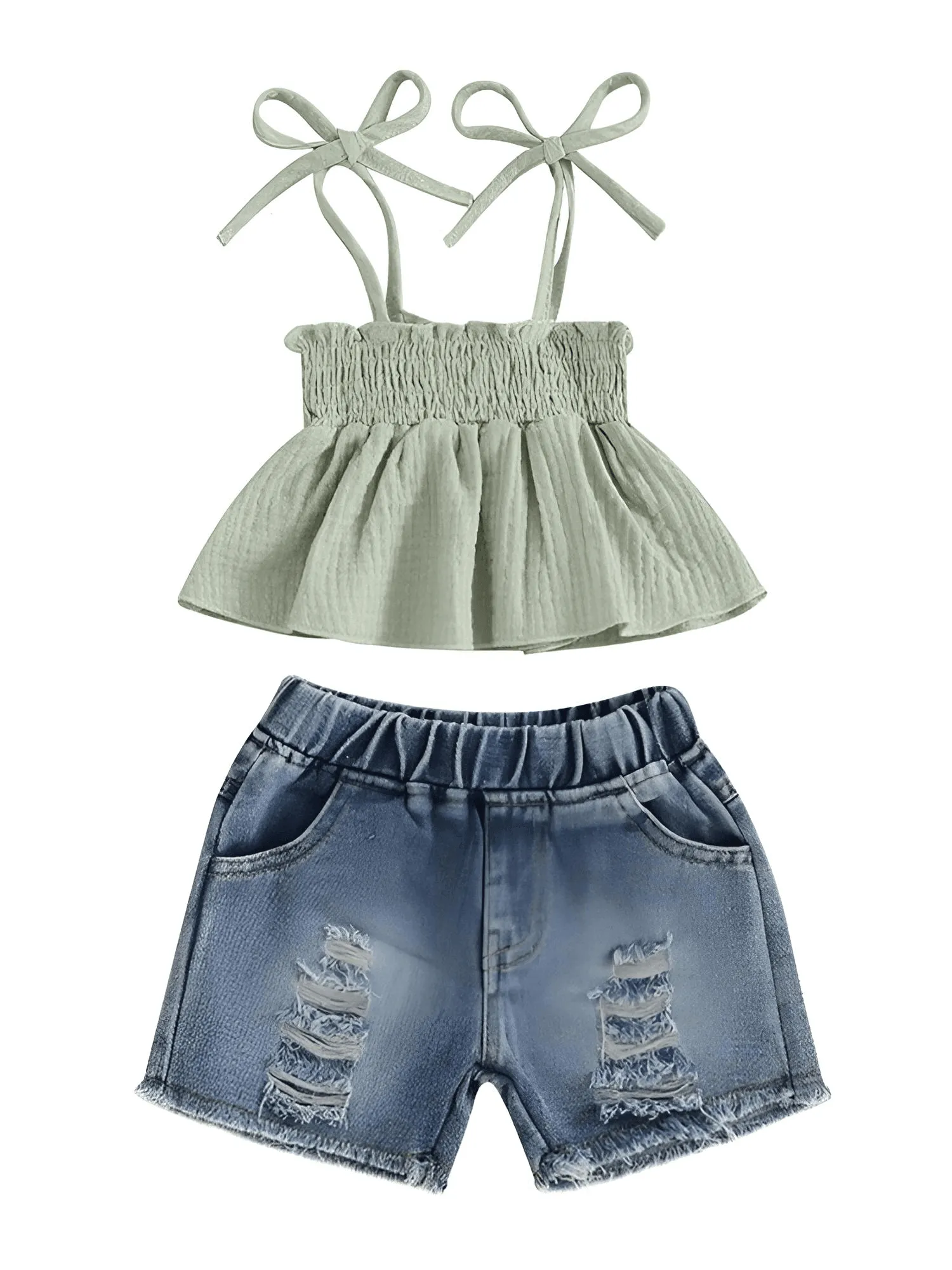 Girl's Tie-up Pleated Camisole with Ripped Denim Shorts Summer 2-Piece Outfit 2-5T