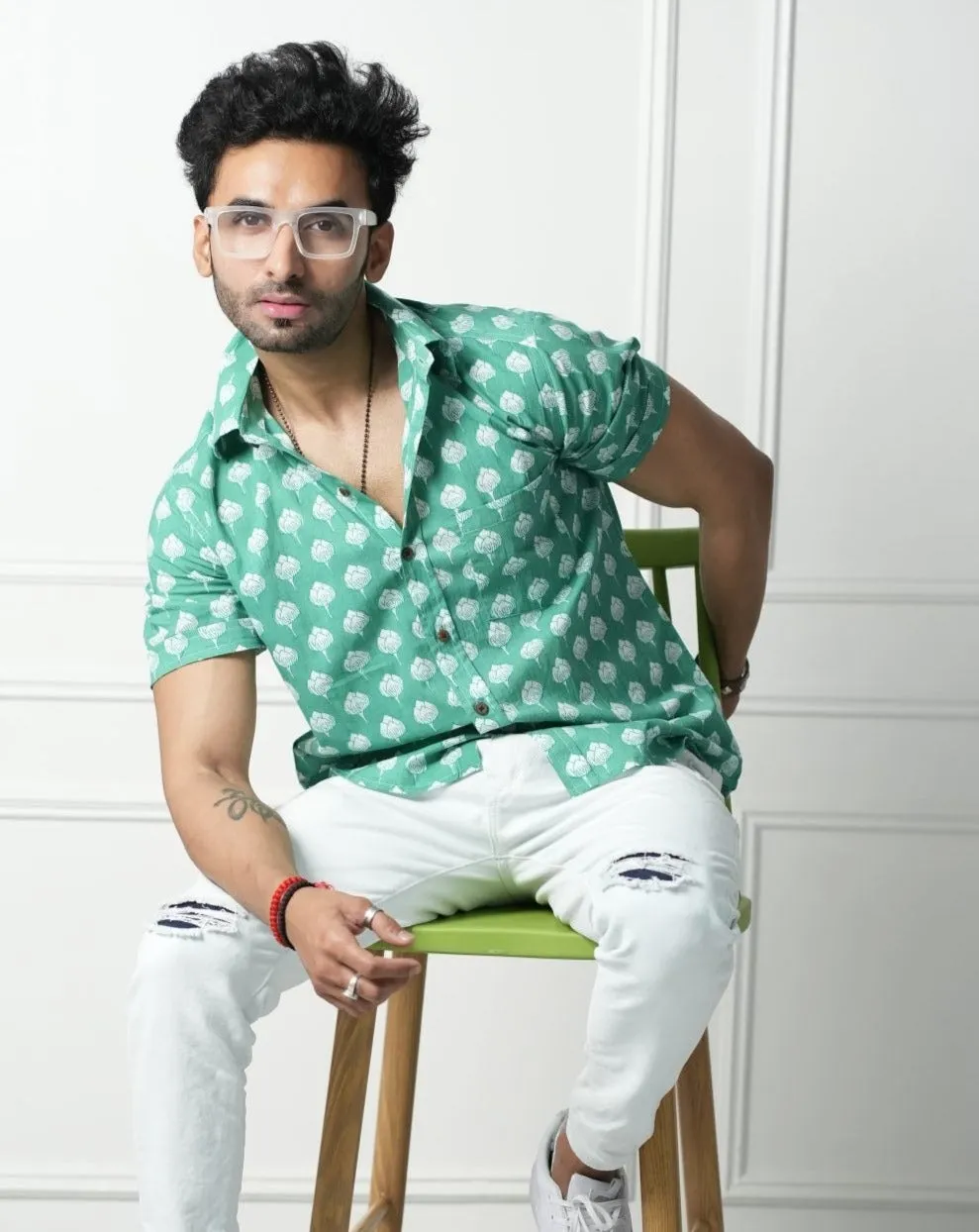 Green Shirt with Lotus Print, Half Sleeves | Style Matters