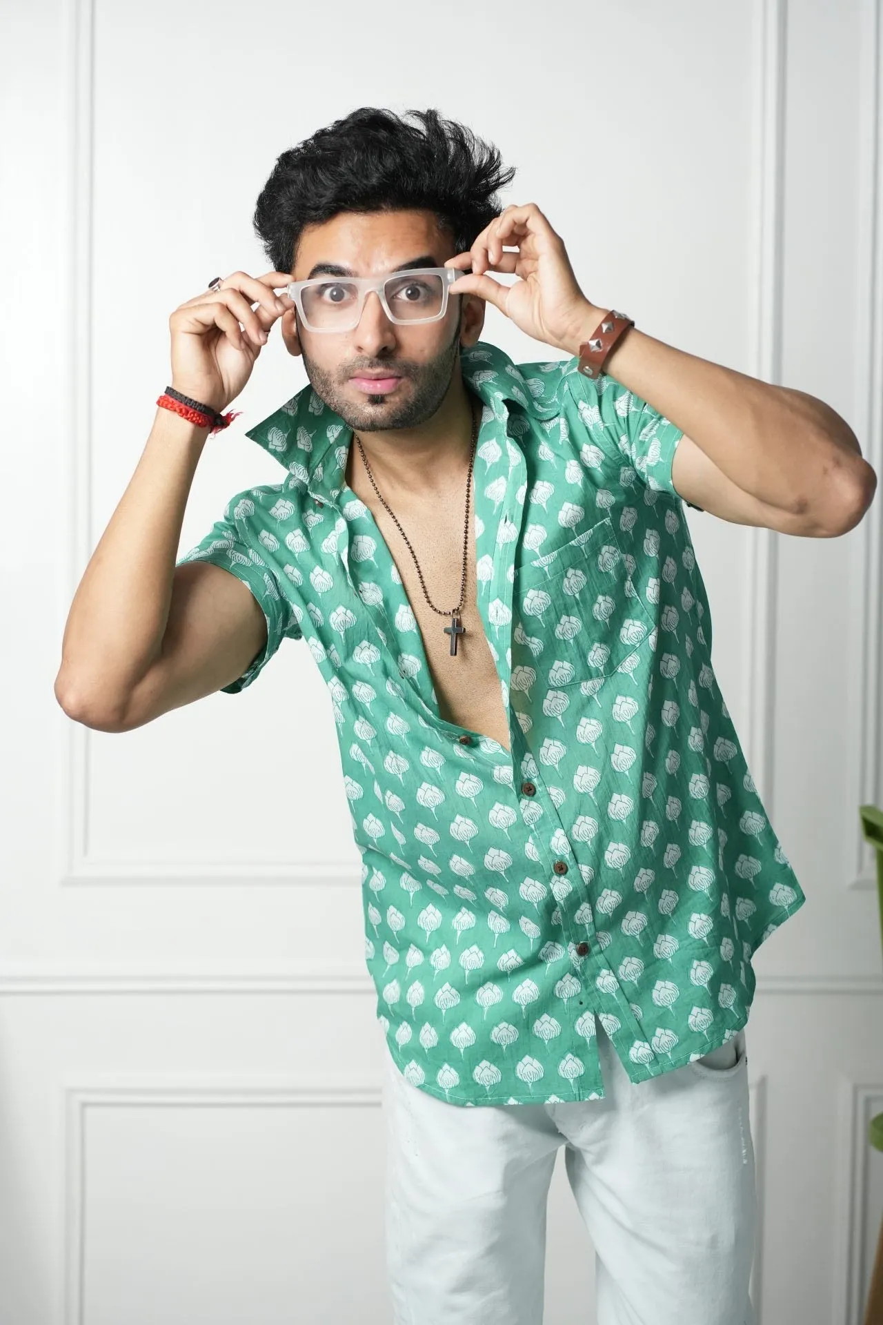 Green Shirt with Lotus Print, Half Sleeves | Style Matters