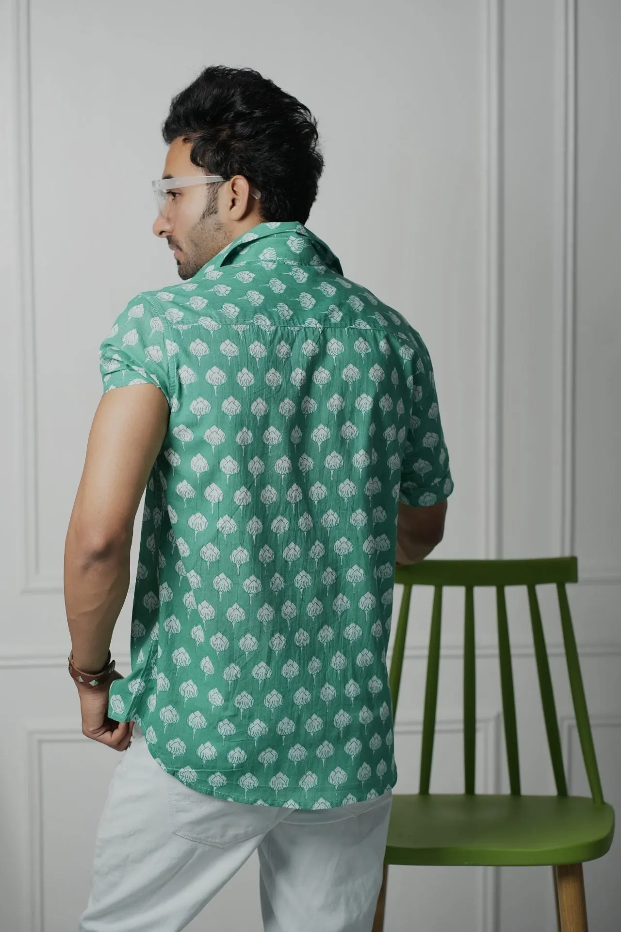 Green Shirt with Lotus Print, Half Sleeves | Style Matters