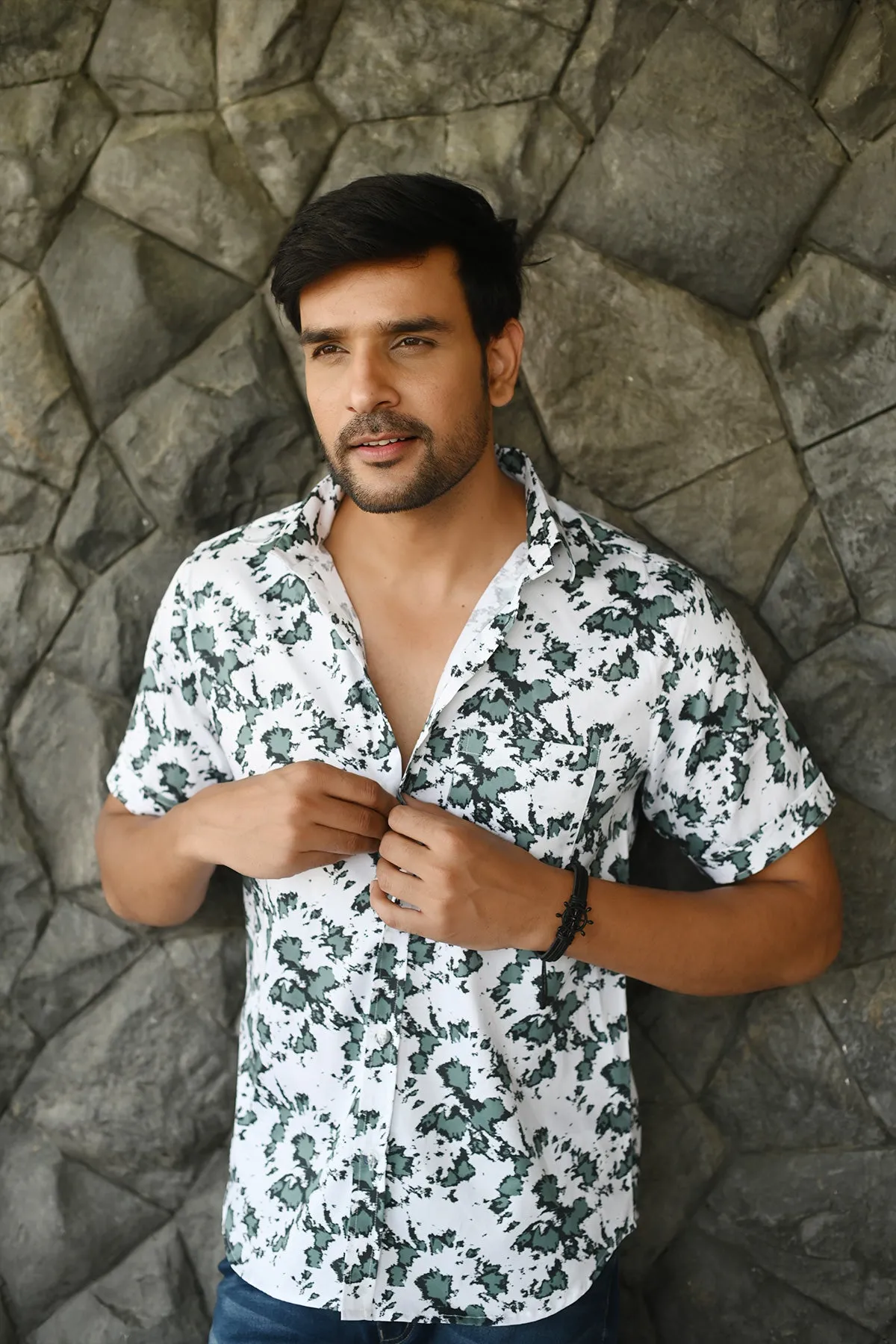 Green Spray print cotton shirt half sleeves | Style Matters