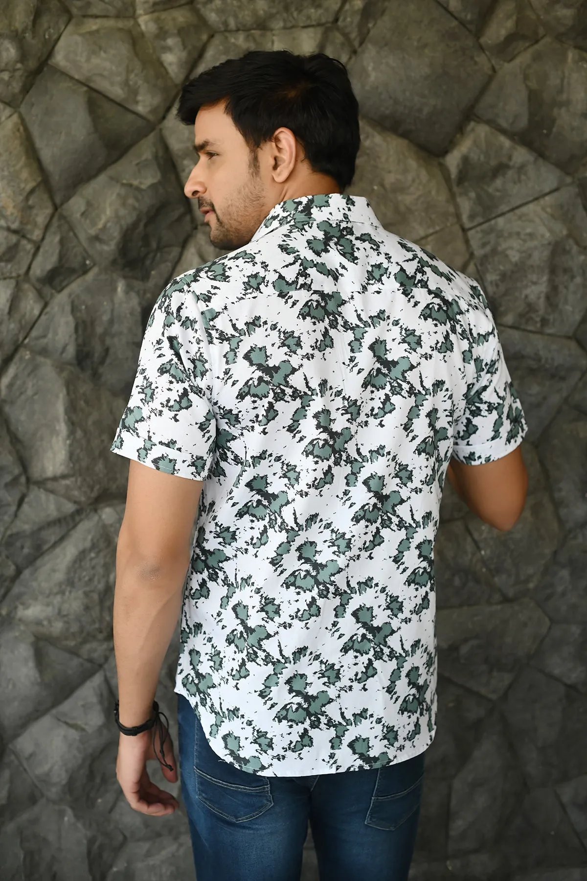 Green Spray print cotton shirt half sleeves | Style Matters