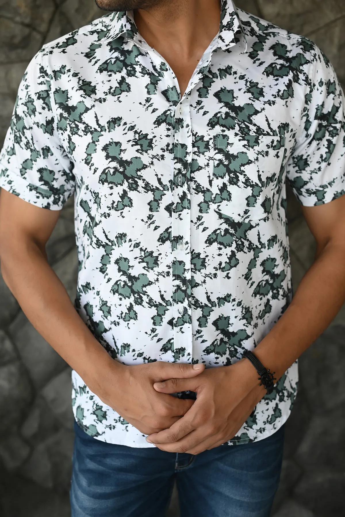 Green Spray print cotton shirt half sleeves | Style Matters