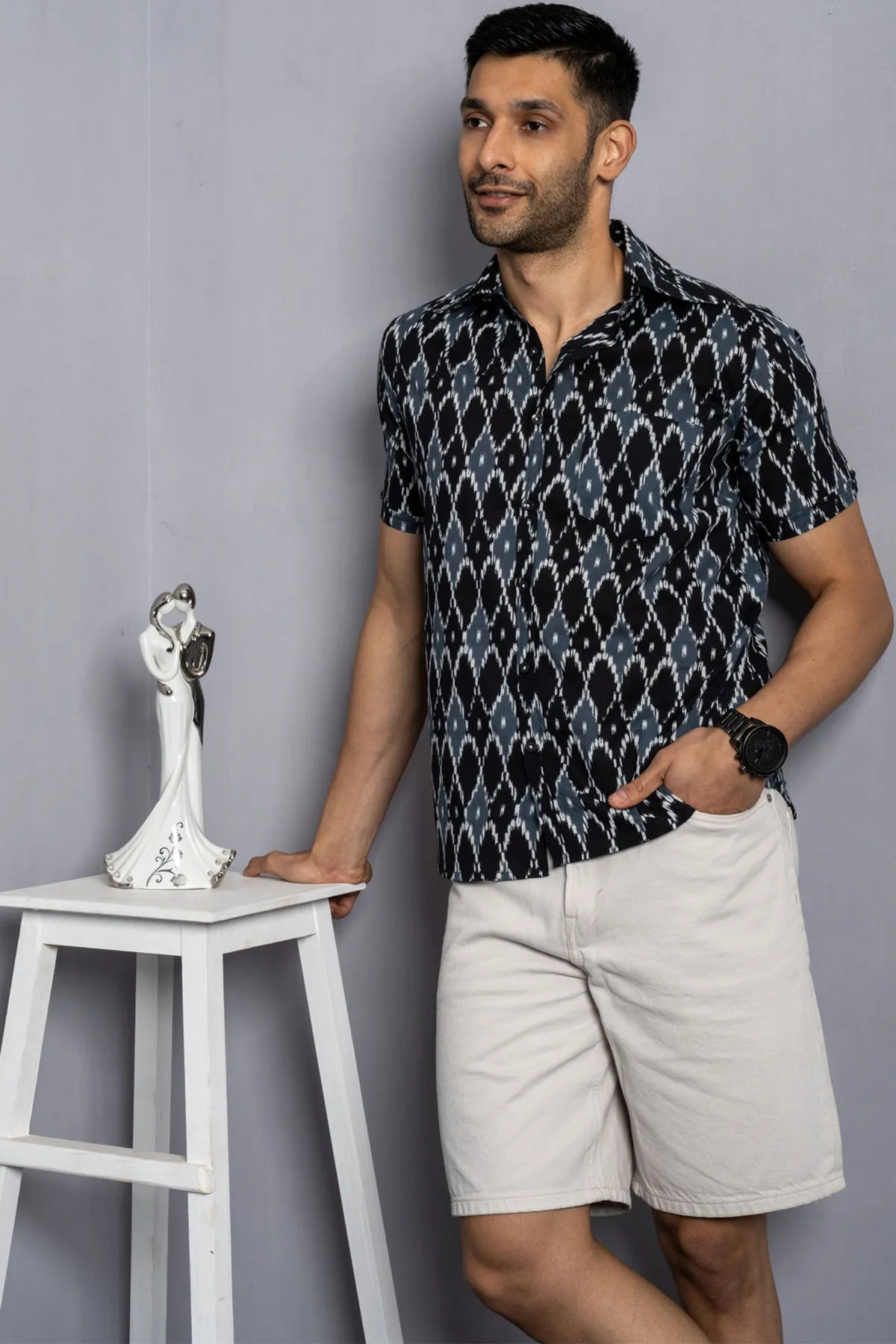 Grey Black Ikkat print cotton shirt half sleeves | Style Matters