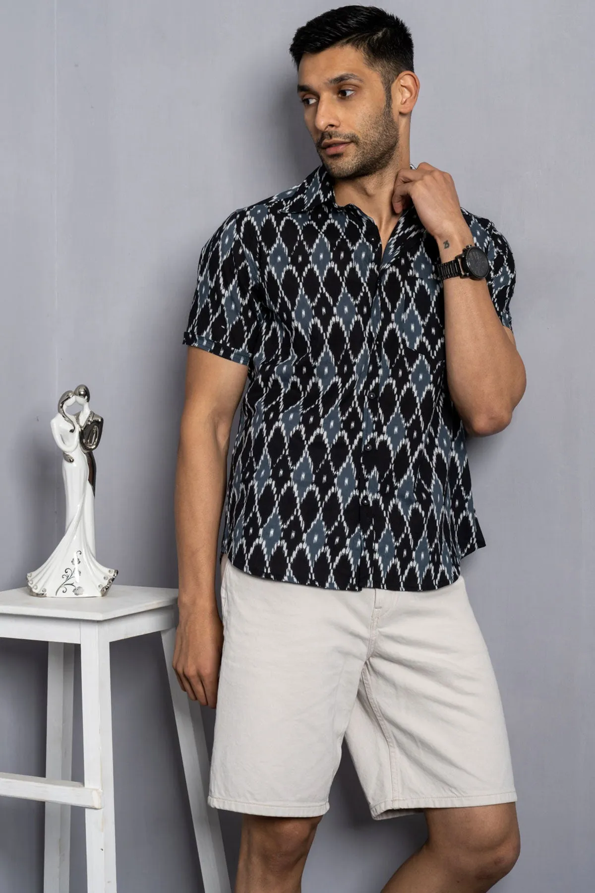 Grey Black Ikkat print cotton shirt half sleeves | Style Matters