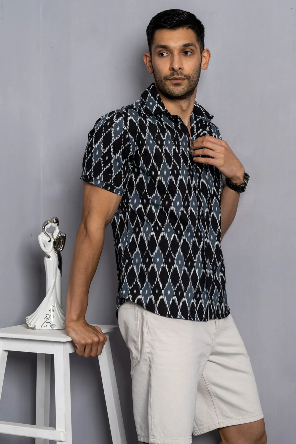 Grey Black Ikkat print cotton shirt half sleeves | Style Matters