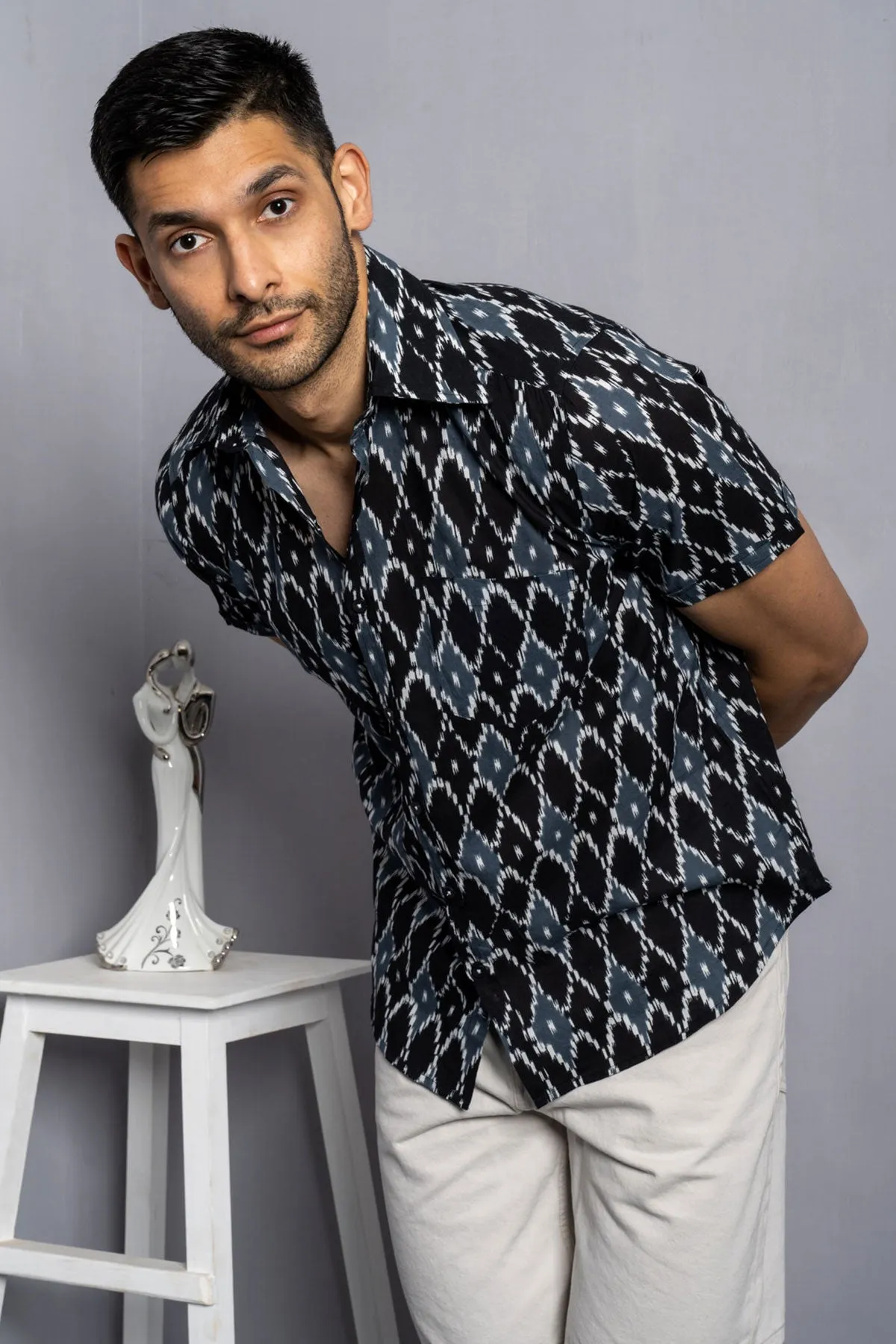 Grey Black Ikkat print cotton shirt half sleeves | Style Matters