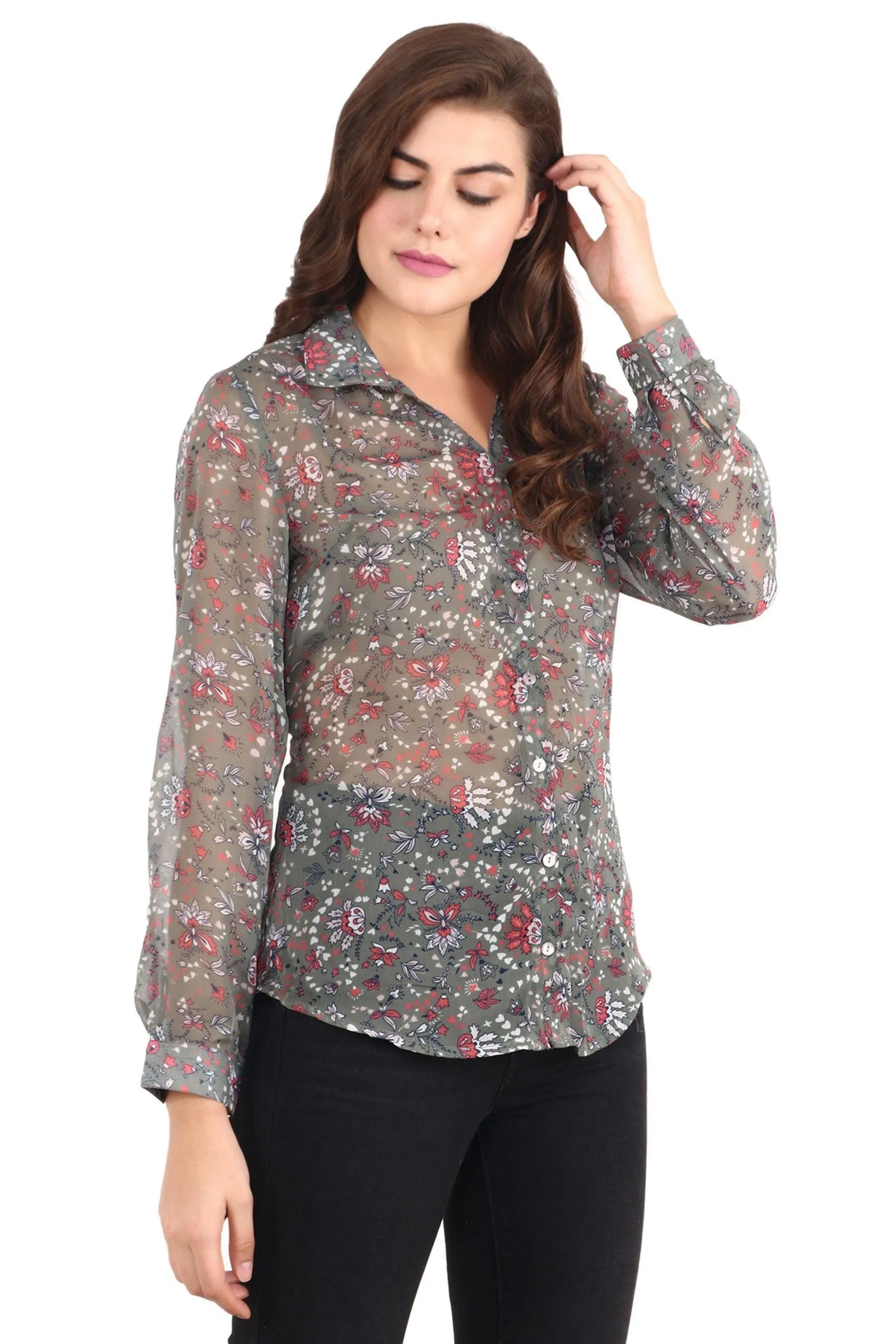 Grey Floral Printed Shirt