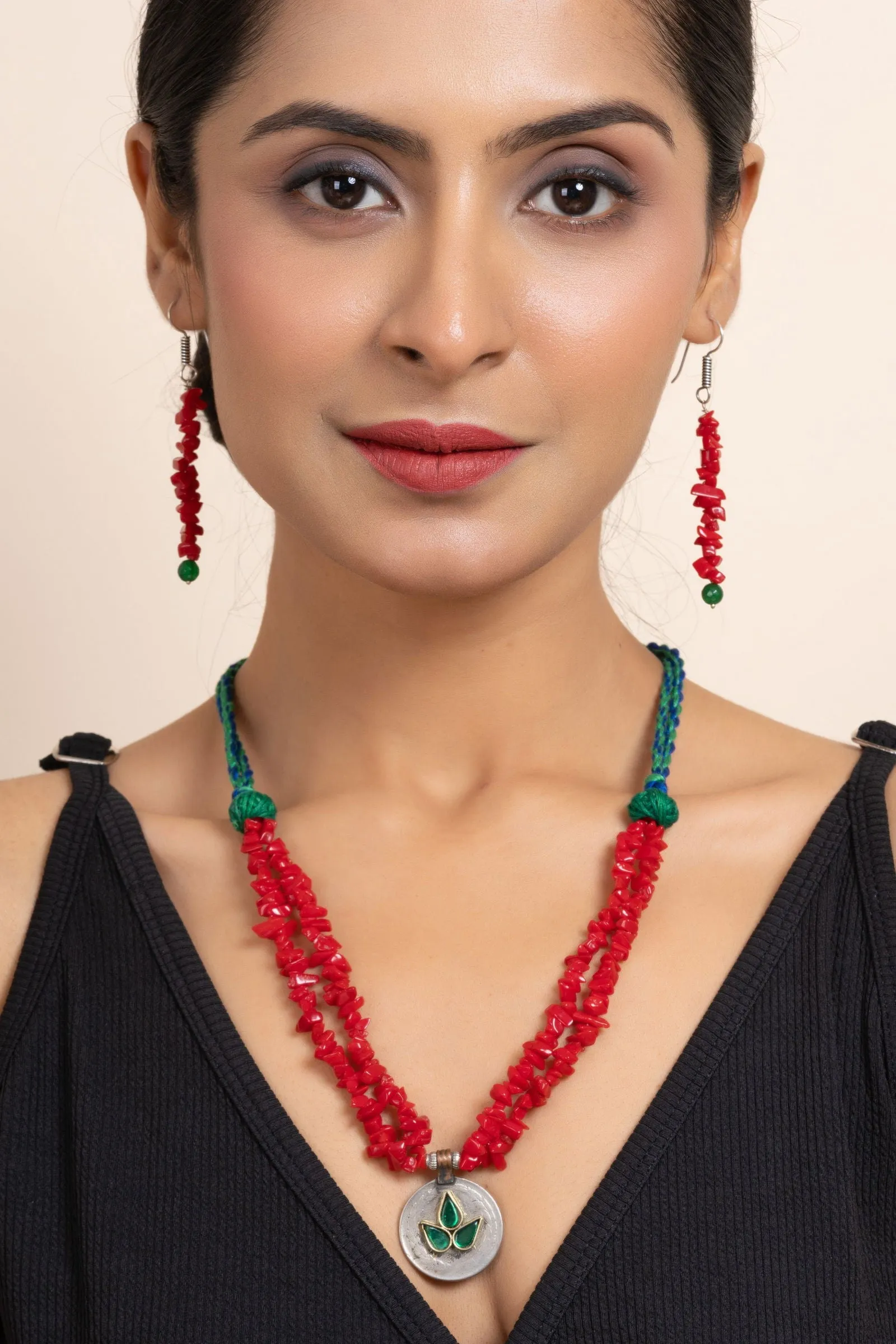 Handmade Afghan Pendant with Red Stone Chips Necklace Set & Matching Earrings for Women