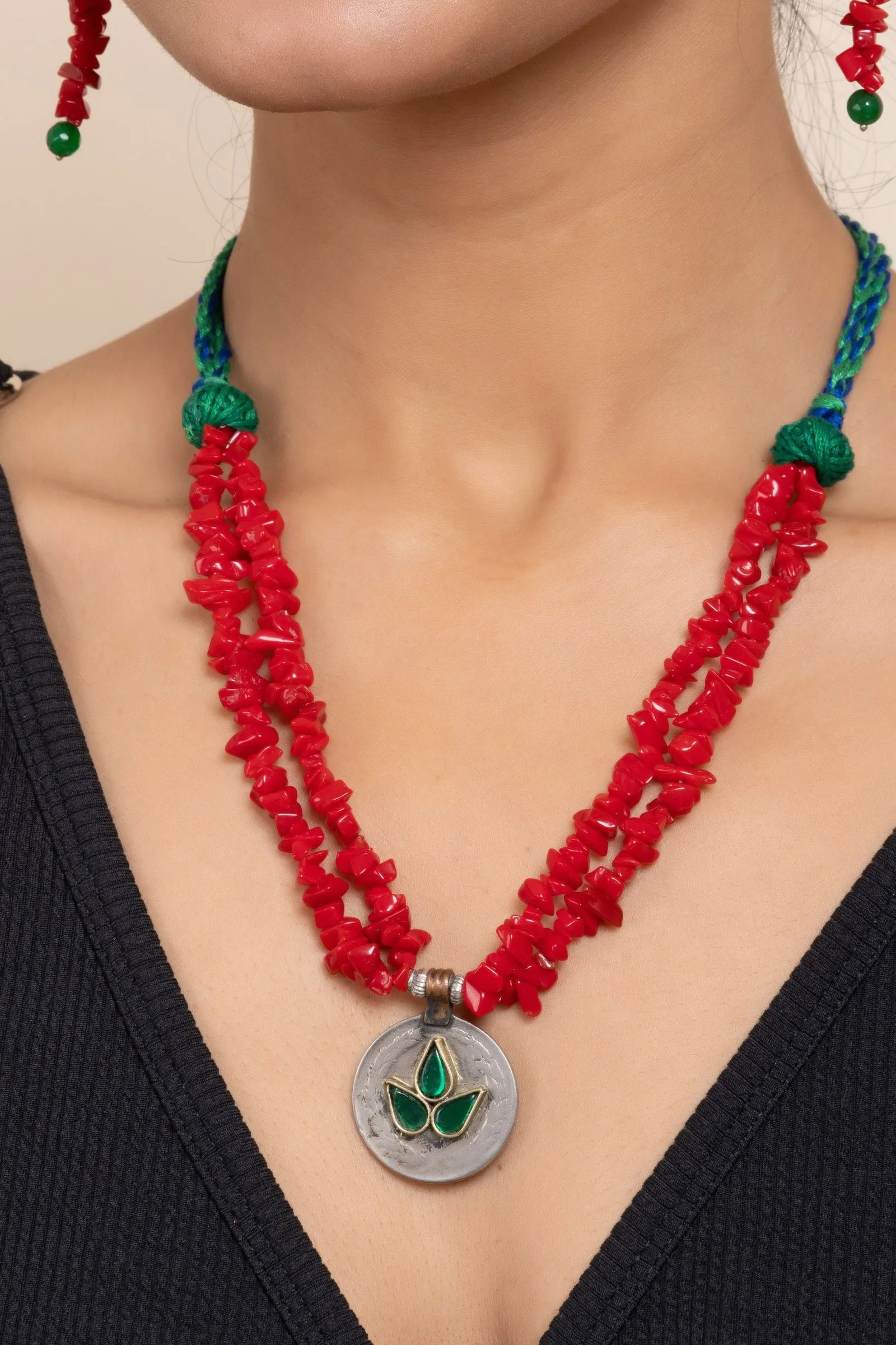 Handmade Afghan Pendant with Red Stone Chips Necklace Set & Matching Earrings for Women