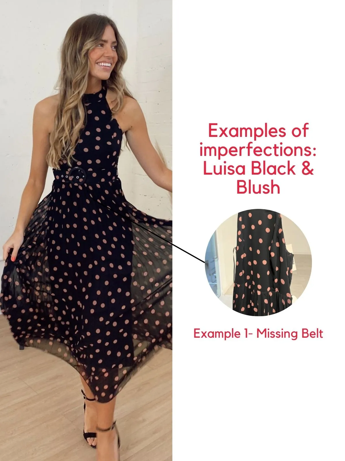 IMPERFECT Luisa Belted Pleated Maxi Dress / Black And Blush Spot Print