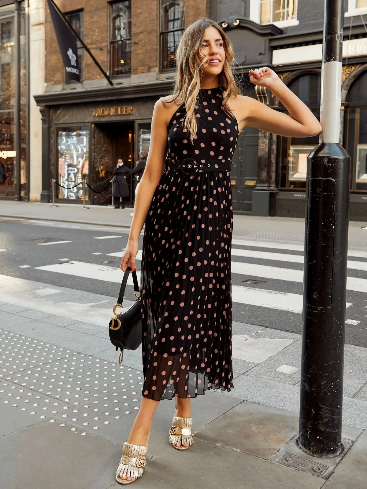 IMPERFECT Luisa Belted Pleated Maxi Dress / Black And Blush Spot Print