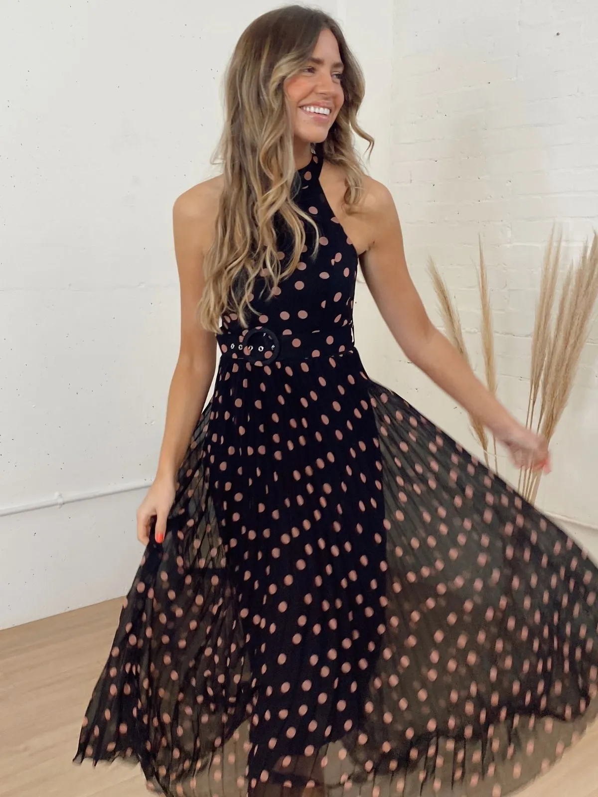 IMPERFECT Luisa Belted Pleated Maxi Dress / Black And Blush Spot Print