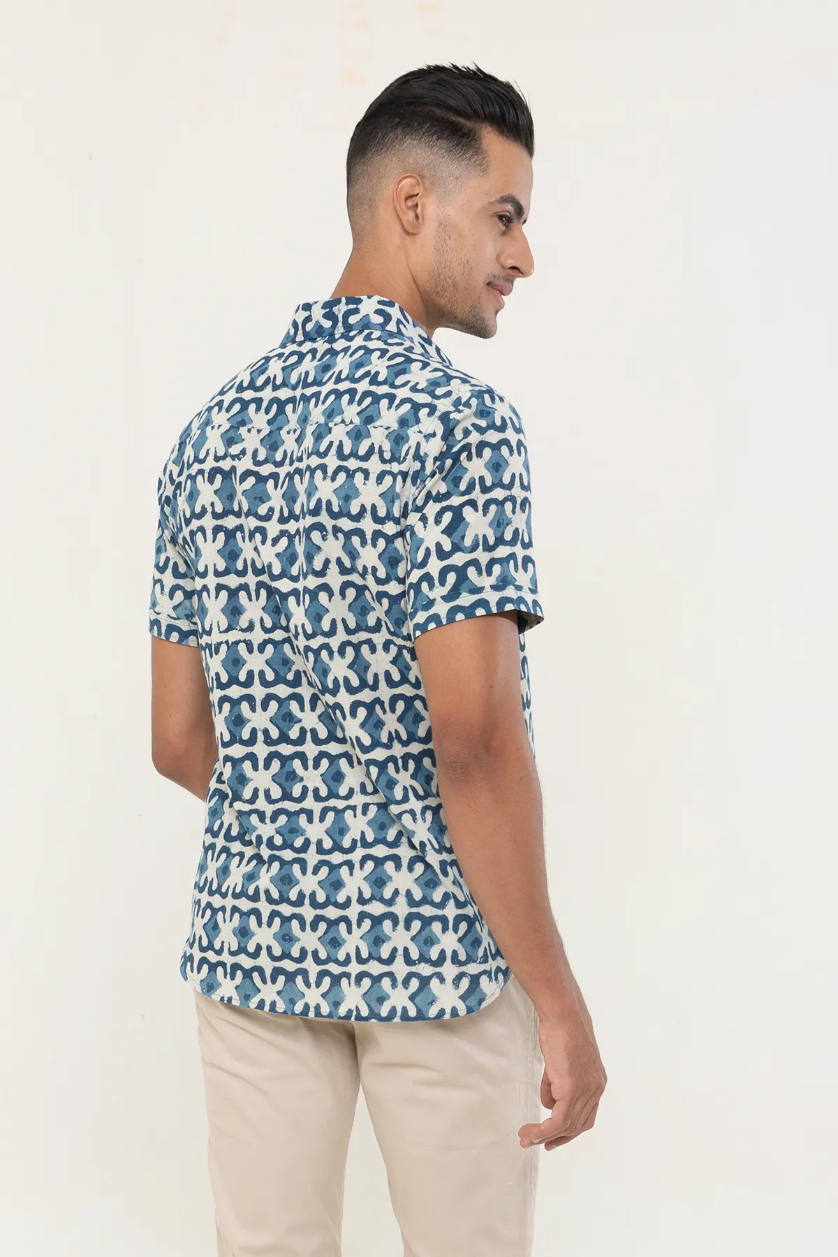 Indigo Geometry HandBlock cotton shirt half sleeves | Style Matters