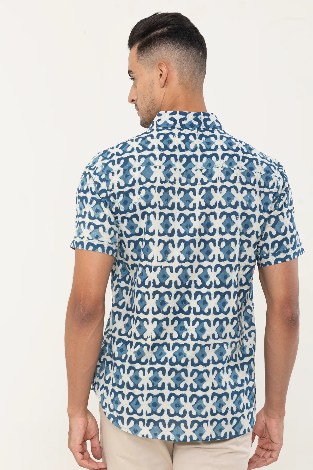 Indigo Geometry HandBlock cotton shirt half sleeves | Style Matters