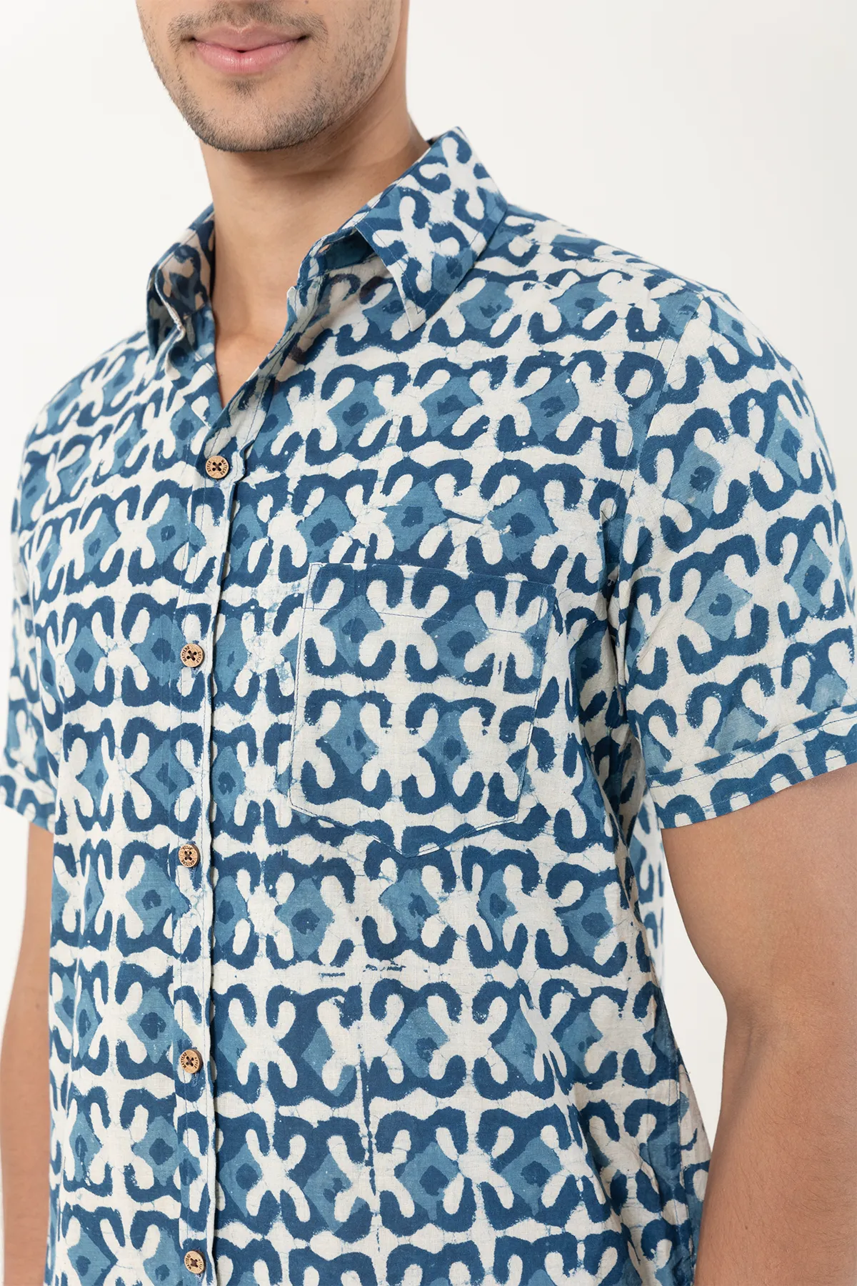 Indigo Geometry HandBlock cotton shirt half sleeves | Style Matters