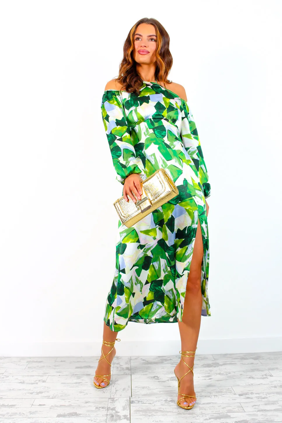 Just Be Good To Me - Green Abstract Print Halter Neck Midi Dress