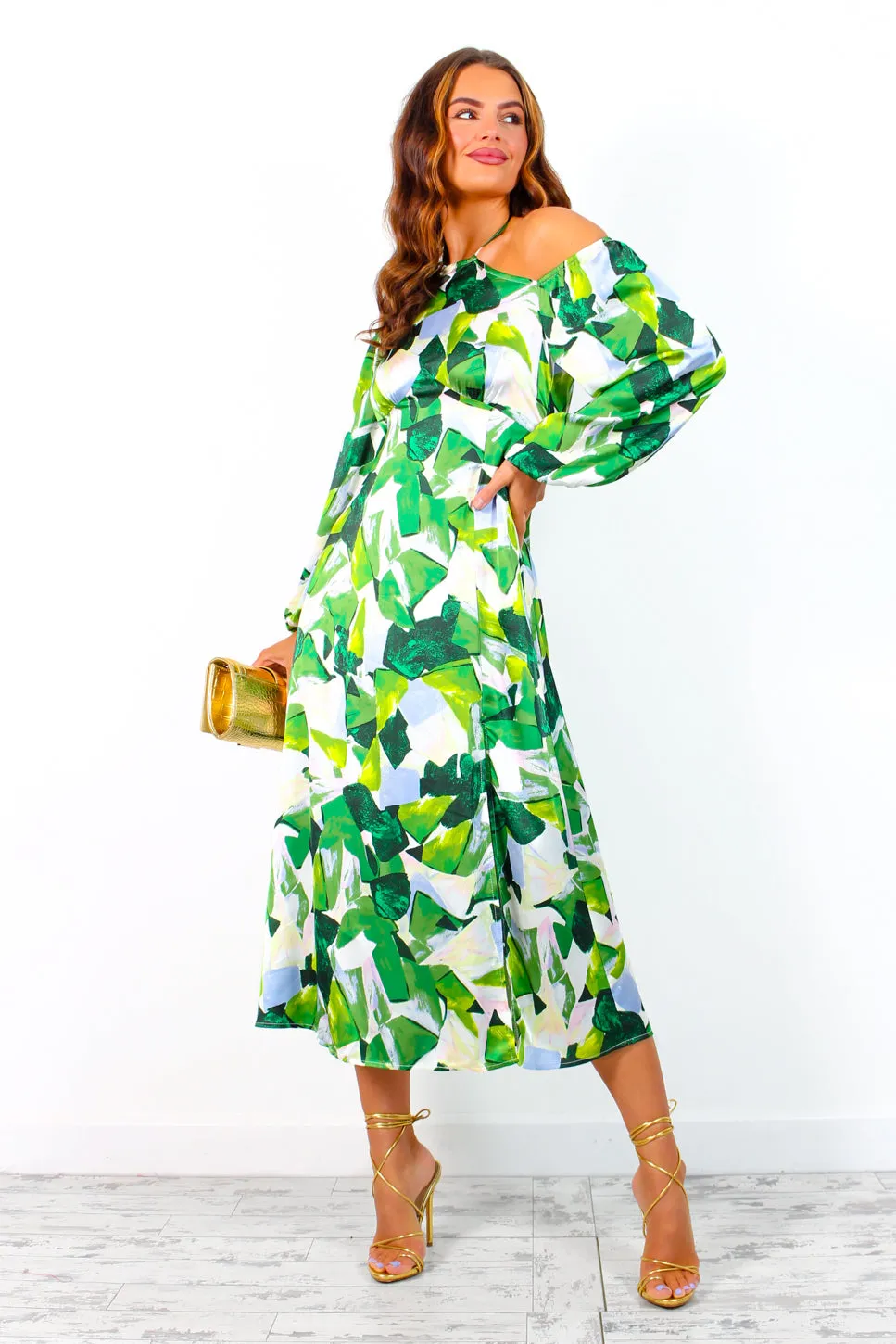 Just Be Good To Me - Green Abstract Print Halter Neck Midi Dress