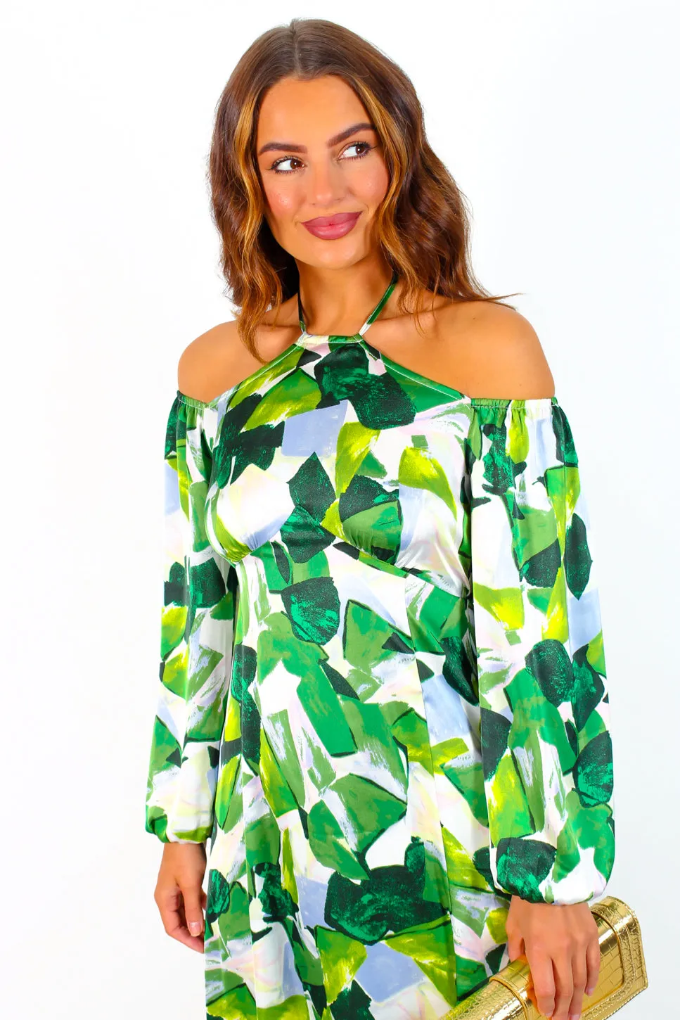 Just Be Good To Me - Green Abstract Print Halter Neck Midi Dress