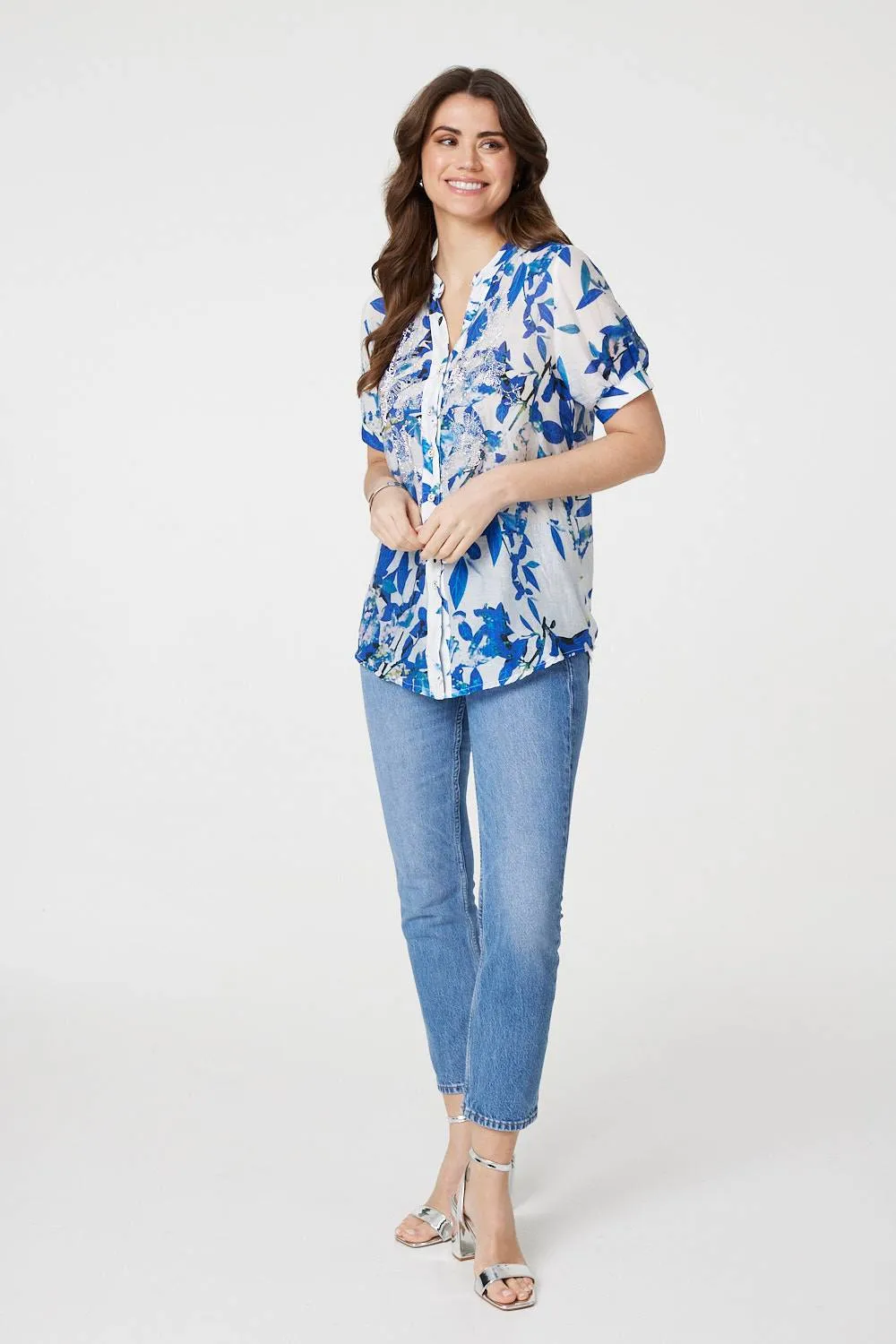 Leaf Print Short Puff Sleeve Shirt