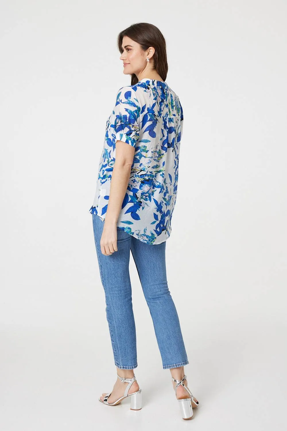 Leaf Print Short Puff Sleeve Shirt