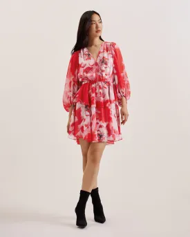 Leyna Printed Tie Front Long Sleeve Mini Dress Red